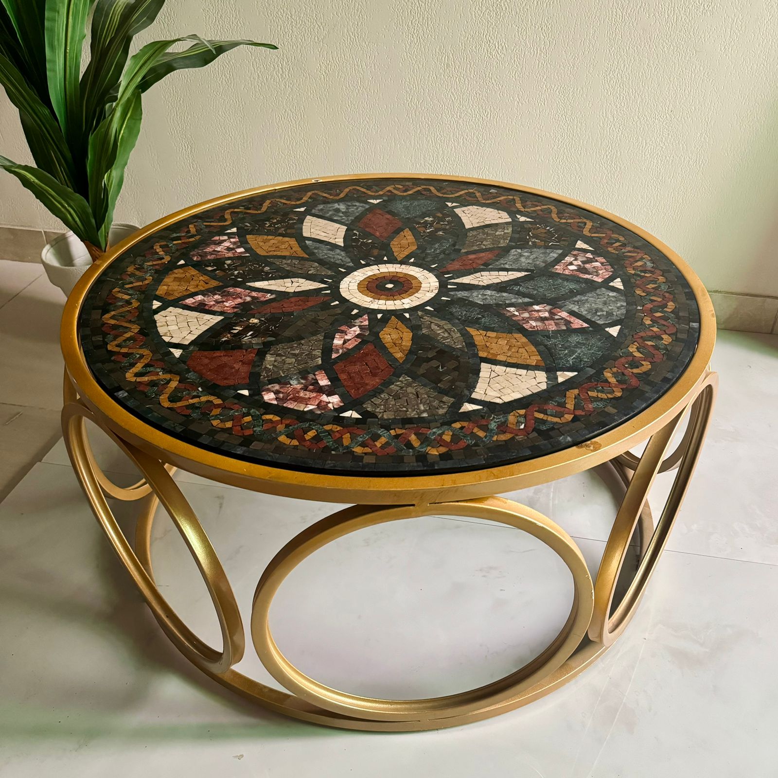 The Artisan’s Signature Flower Mosaic Center Table- A Fusion of Art and Country Charm